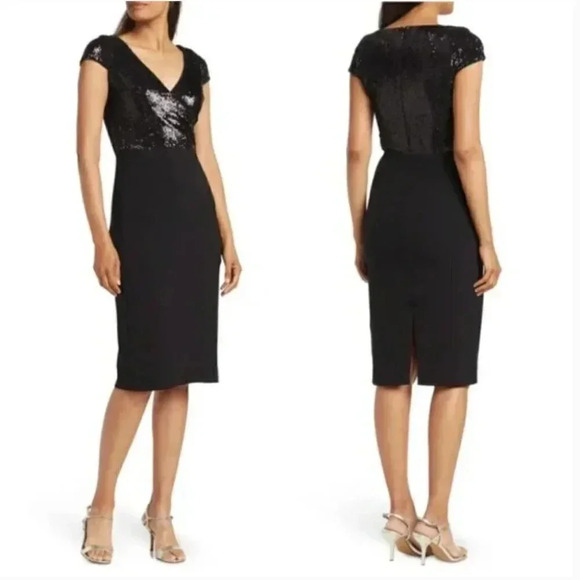 NWT Dress The Population Black Sequin Surplice Cap Sleeve Sheath Dress Small - Picture 1 of 10